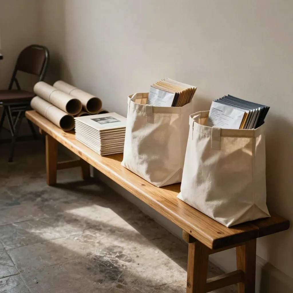 Community hall bench with nonprofit kits stacked and ready for distribution night.