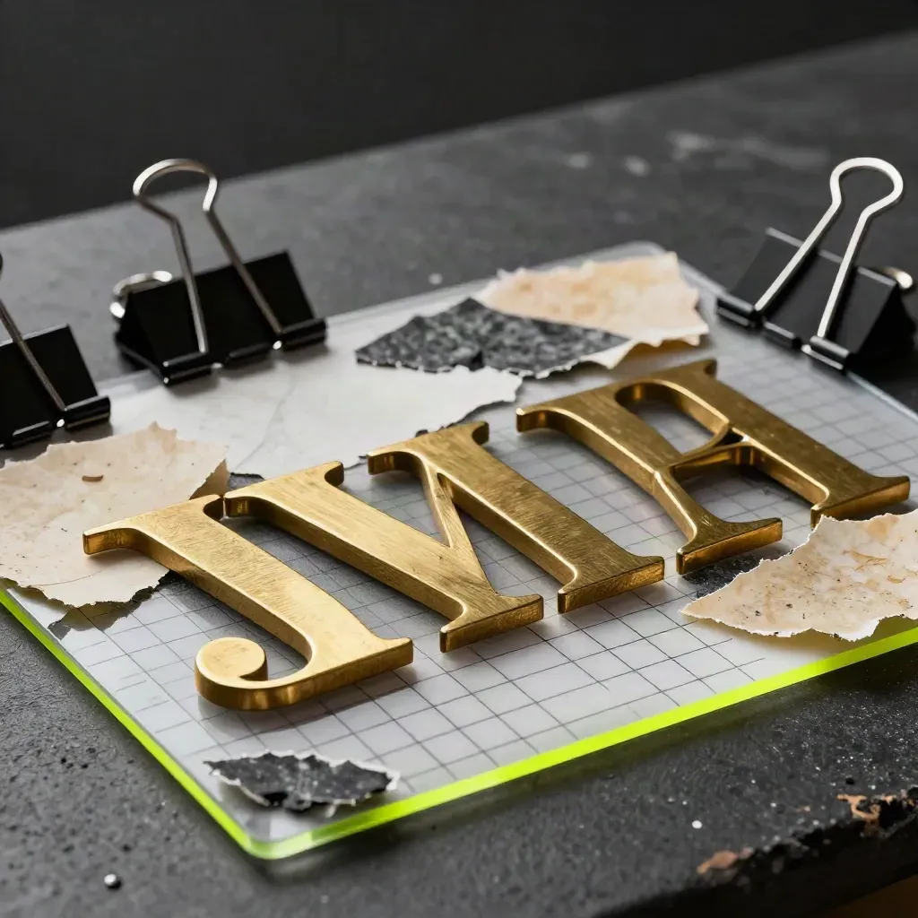 Brass letterforms, swatches, binder clips and acetate grid in extreme macro on charcoal