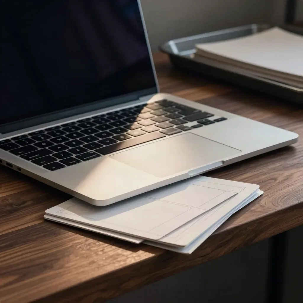 Closed laptop, keyboard, trackpad and wireframe cards on walnut under dramatic studio light.
