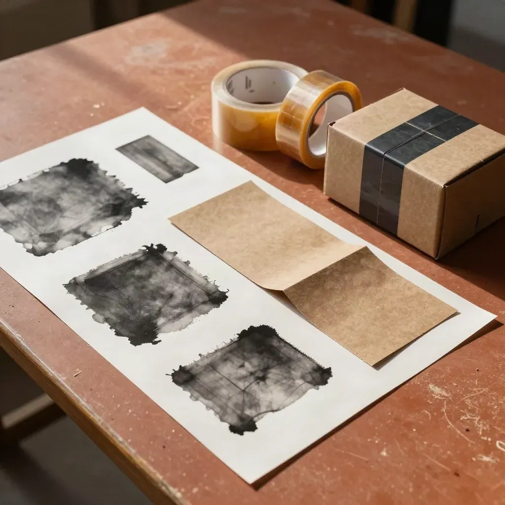 Top-down spread of proof sheets, carton blanks, tape rolls and an export box on a terracotta bench.