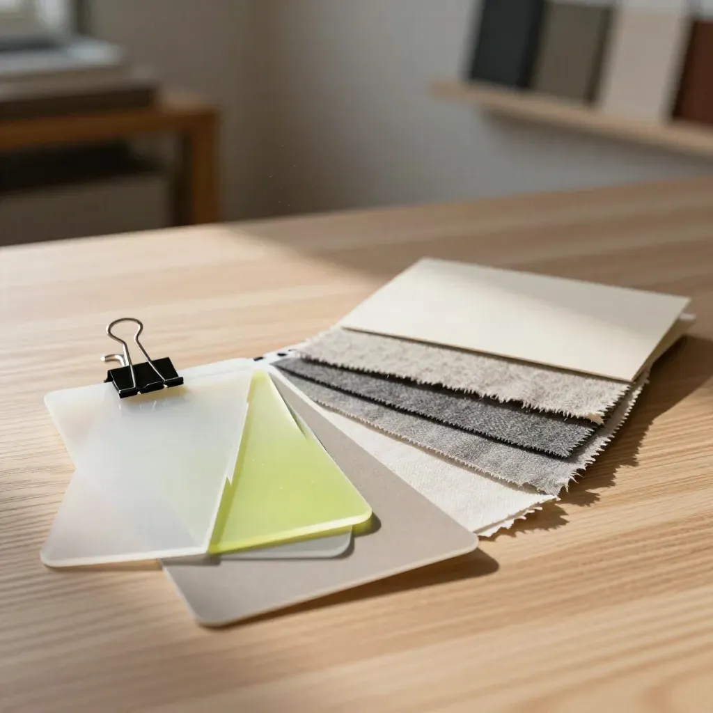 Overhead swatches, acetate chips, fabric samples and a black clip on pale oak, softly lit