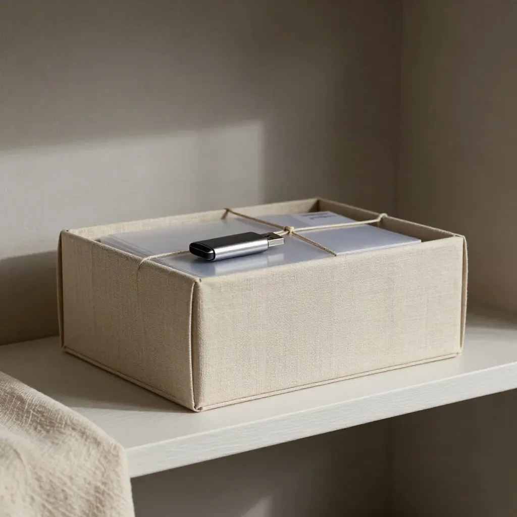 Archival box, USB drive, and proof sleeves on a linen shelf in soft side light.