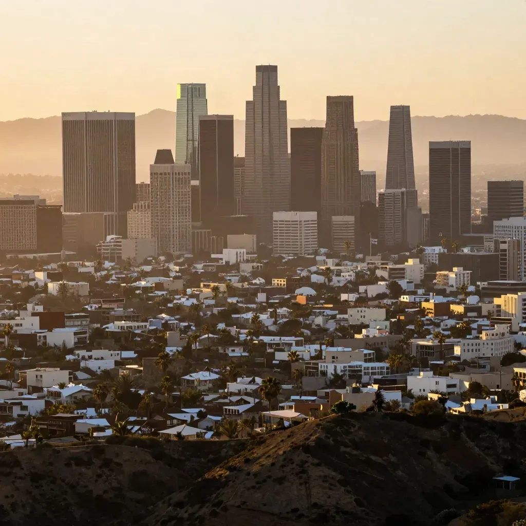 Golden-hour downtown Los Angeles skyline from a hazy ridge, palms and basin light.