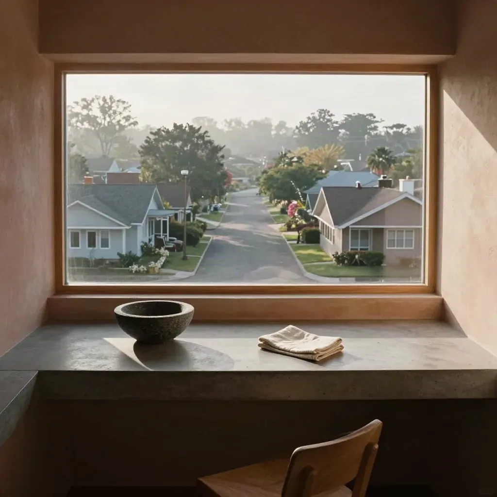 Sunlit home-office window overlooking a misty American suburb at dawn with calm copy space