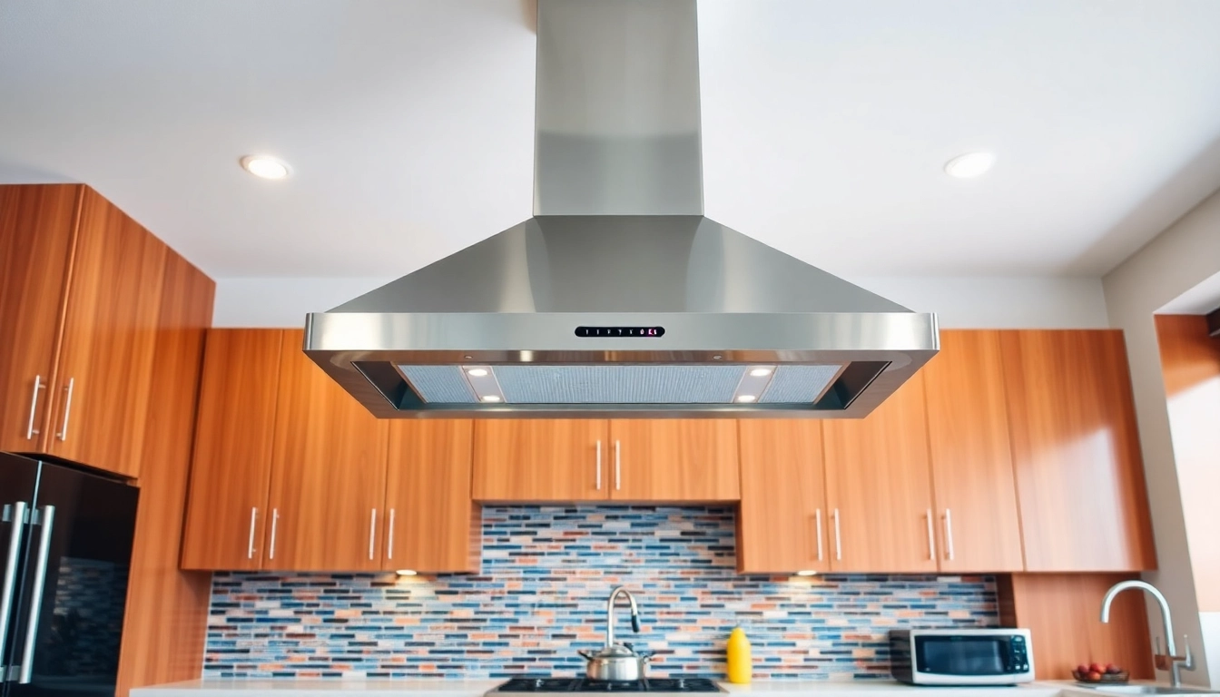 Detailed view of exhaust hood installation highlighting modern design in a kitchen setting.