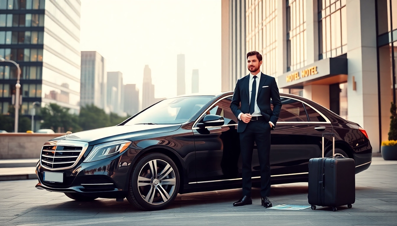 Professional chauffeur hire service with a luxurious vehicle outside a high-end hotel