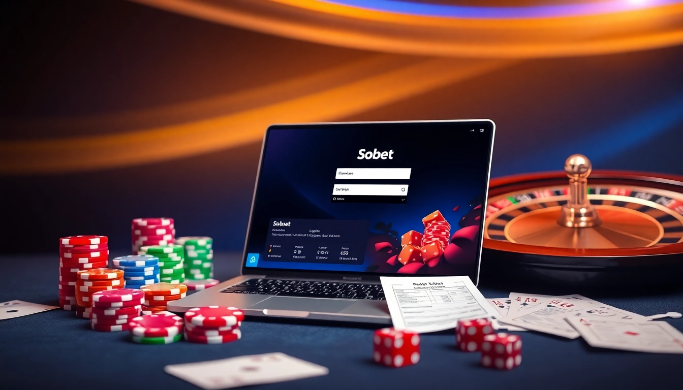 Experience sbobet login terbaru with a vibrant casino scene featuring poker chips and betting slips.