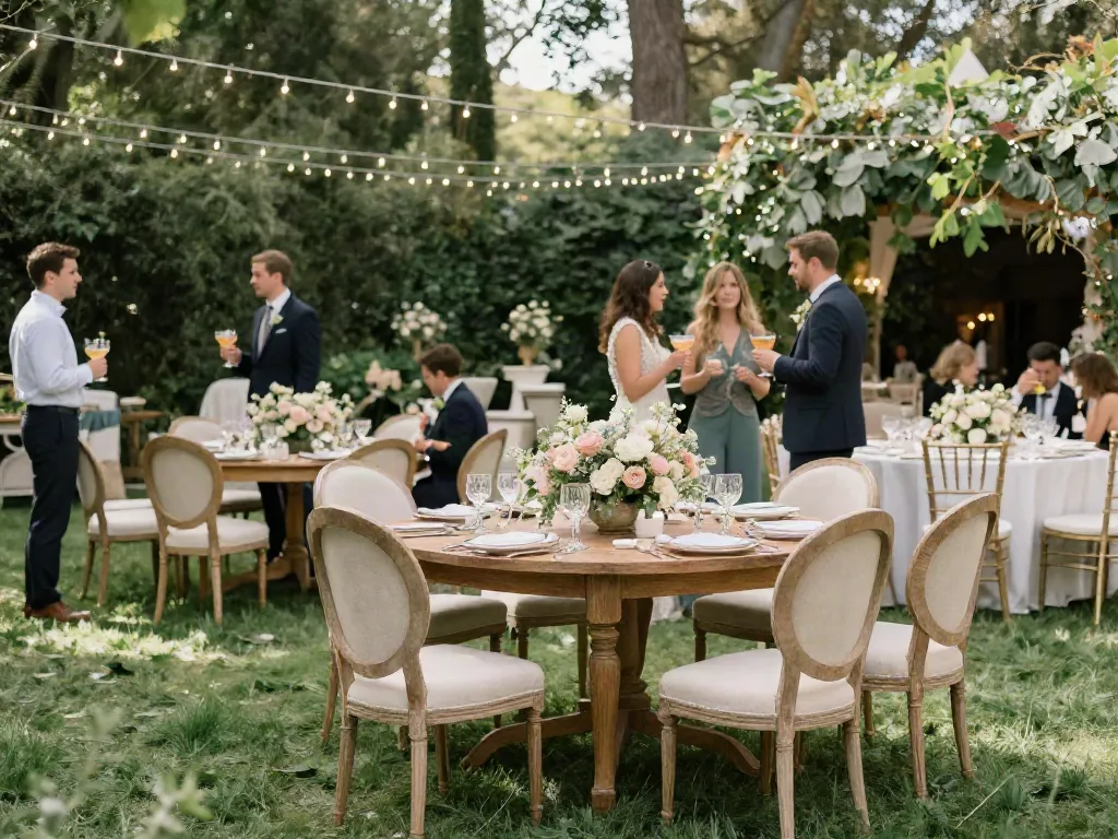 Event furniture rental showcased at an elegant outdoor wedding reception with stylish decor.