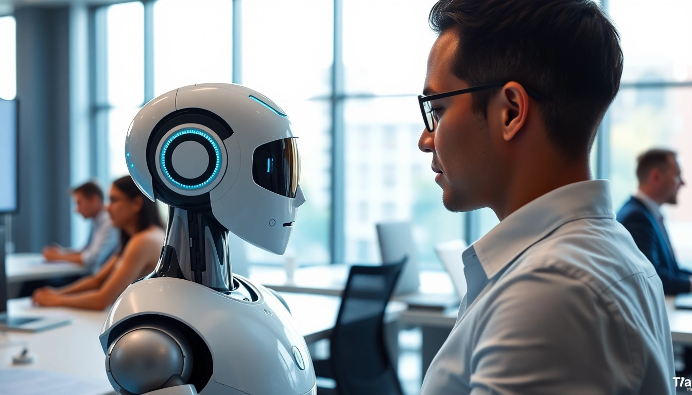 AI assistant for enterprise interacting with employees in a modern office environment.