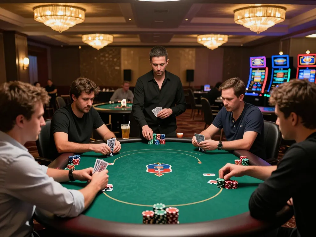 Engaged players at poker table showcasing intense gameplay on 789win com in an upscale casino setting.