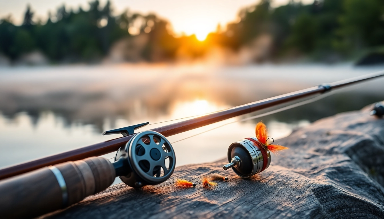 Showcase of a Fly fishing kit against a tranquil lakeside backdrop at sunrise, emphasizing outdoor adventure.