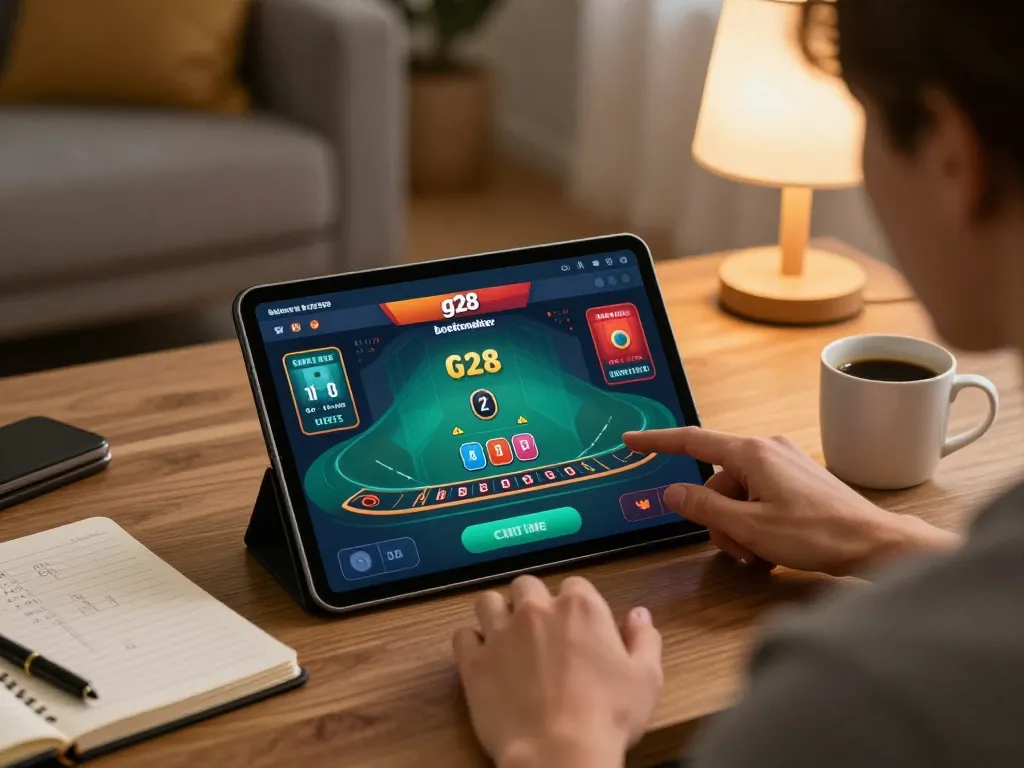 Engage with the g28 bookmaker for an immersive online blackjack experience showcasing live gameplay on tablet.