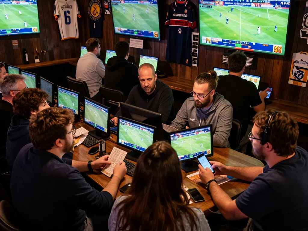 Engaged sports bettors review kèo nhà cái 5 at a lively local bar during game day.