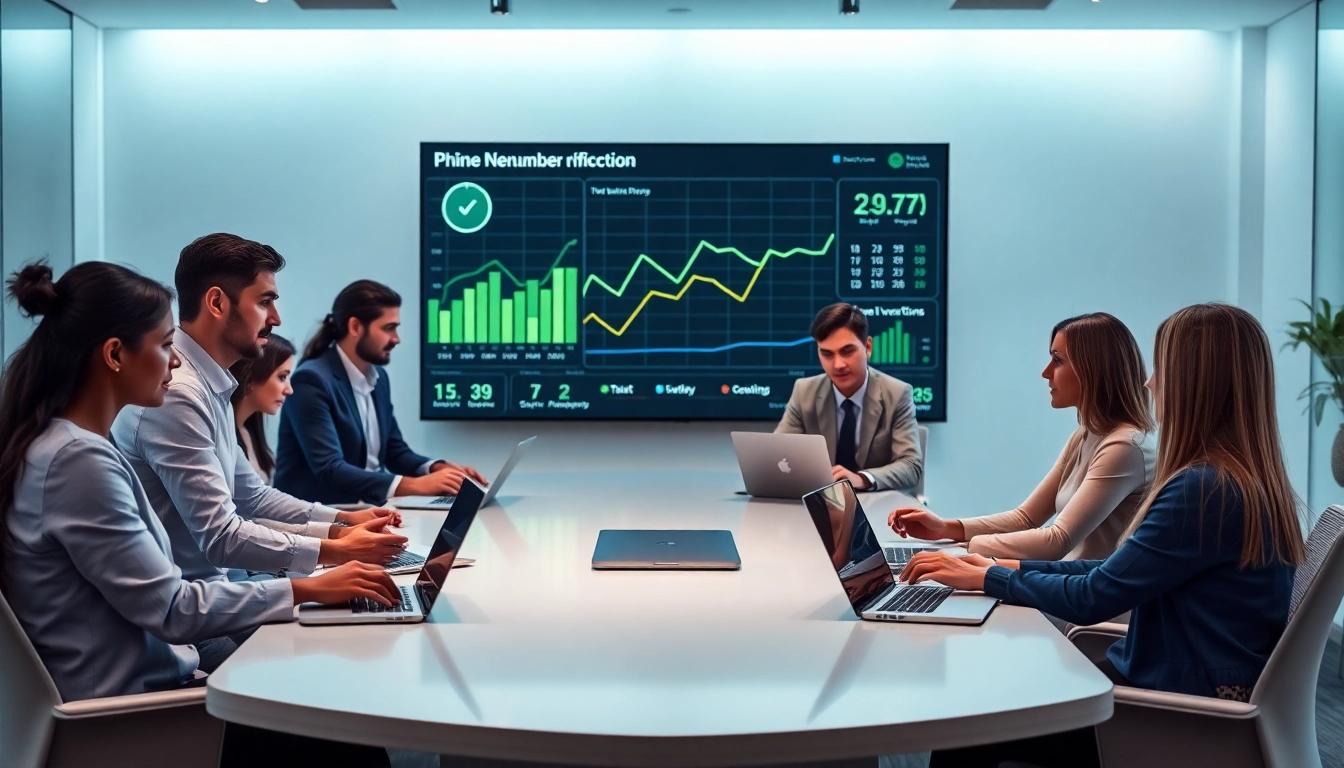 Online phone number verification in a professional office setting with diverse team collaboration and technology.