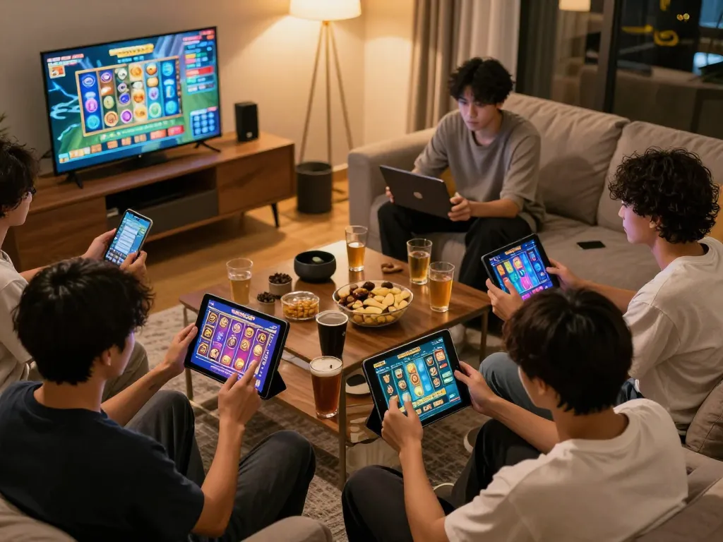 Engaged players enjoying gameplay on DRAGON222 in a cozy living room, highlighting an exciting online casino experience