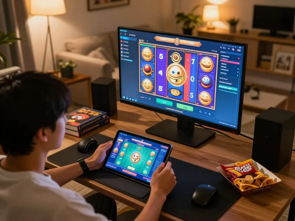 Player enjoying เว็บสล็อตตรง on a tablet, cozy living room environment with gaming accessories