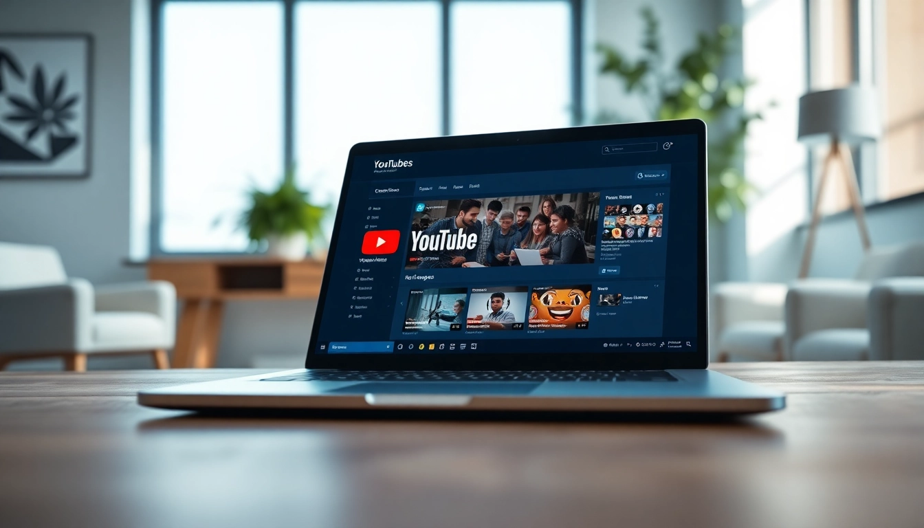 Engaging interface of a youtube smm panel on a laptop in a modern workspace.