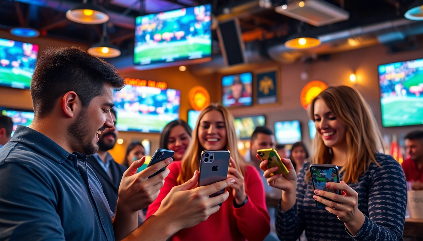 Engaged users enjoying sports betting apps Oklahoma in a lively sports bar setting.