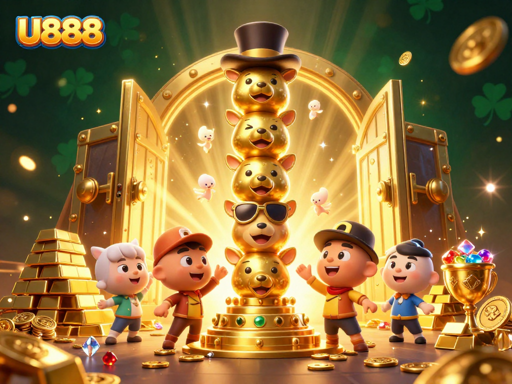Experience thrilling gameplay at U888 with a vibrant casino totem scene featuring gold vaults and treasures.