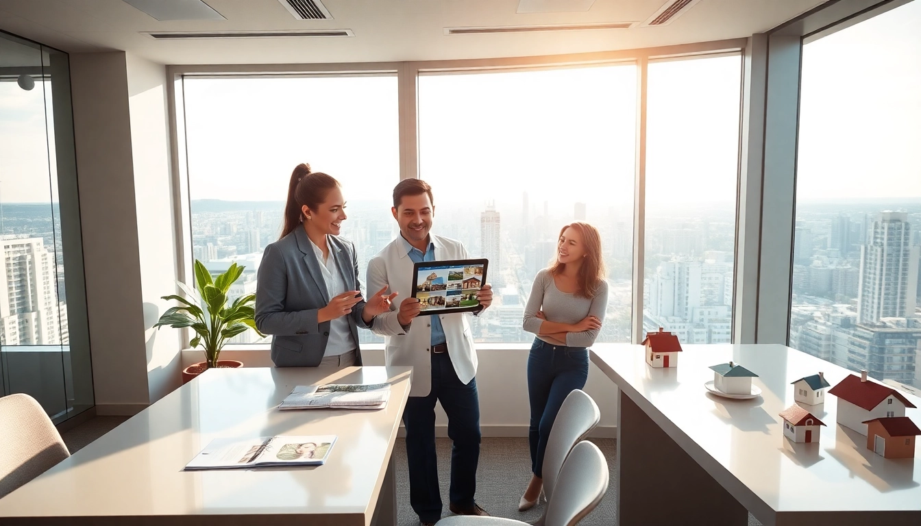 Engaging real estate agent presenting listings to clients in a modern office.