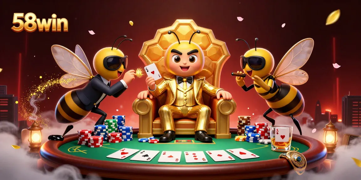 Engage in the world of 58win with a vibrant 3D casino scene featuring characters amidst gaming excitement.