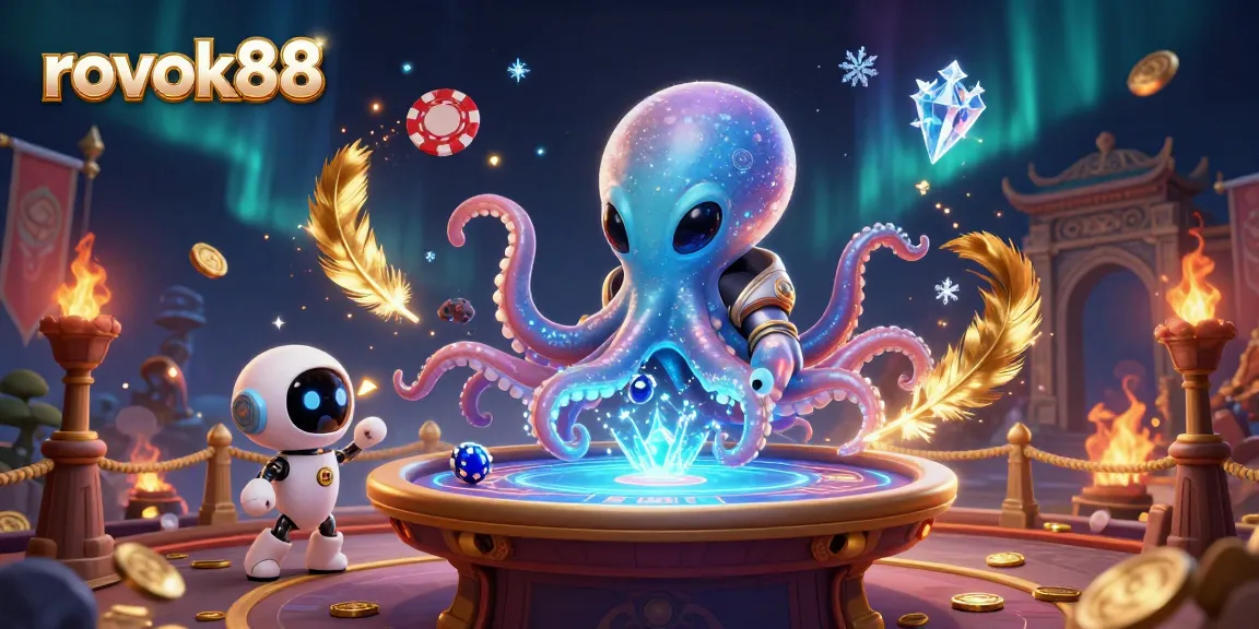 rokok88 unleashes excitement with a vibrant poker scene featuring a cosmic octopus and robot companions.