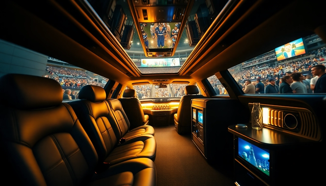 World Cup Group Transportation in a luxurious limousine, showcasing plush leather seats and a festive game day atmosphere.