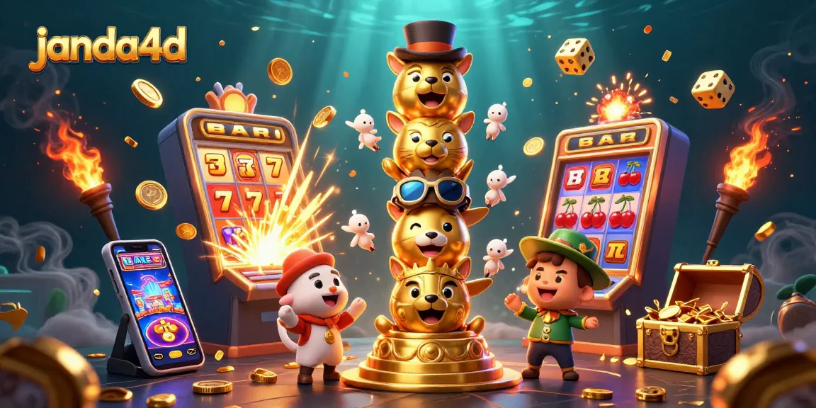 janda4d menampilkan totem keberuntungan dengan simbol mesin slot dan koin bersinar di sekitar