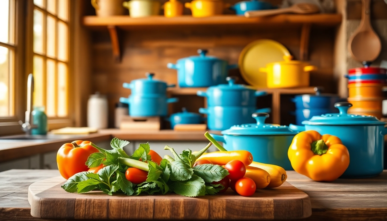 Show vibrant Le Creuset NZ cookware on a rustic kitchen countertop with fresh vegetables.