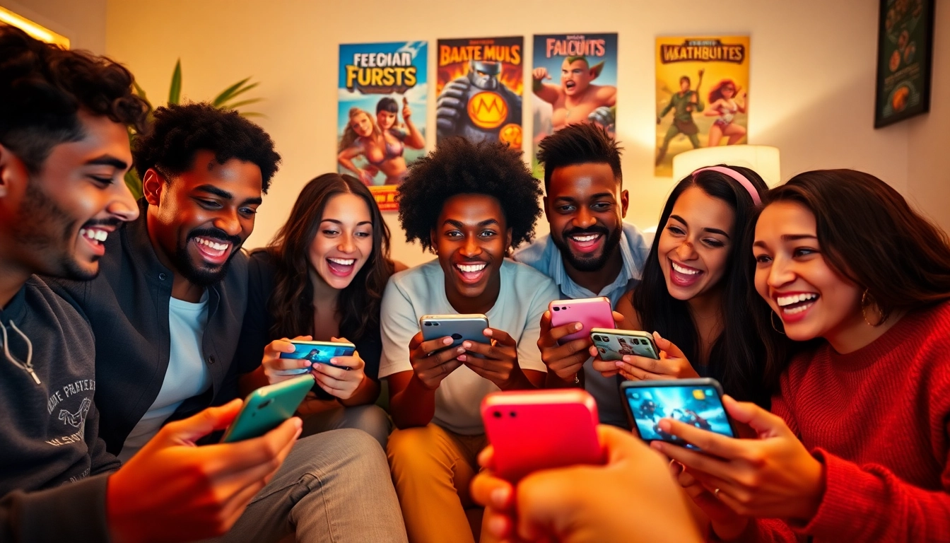 Young adults joyfully playing a mobile porn game in a cozy living room.