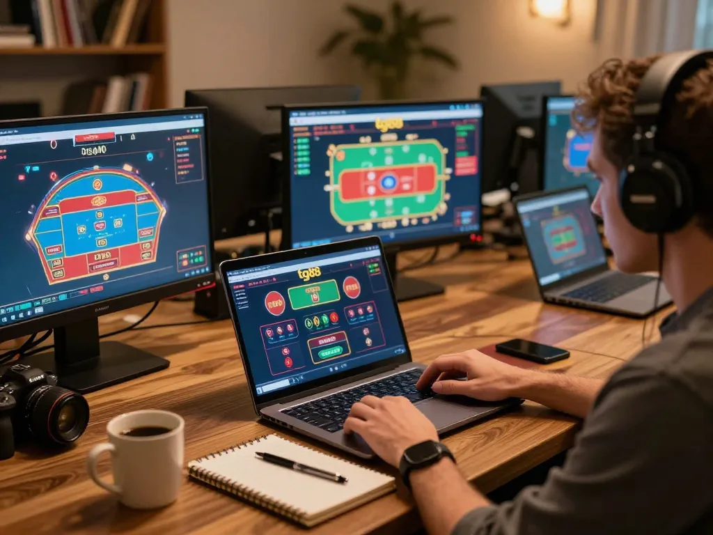 Engaged player strategizing at tg88 online casino with multiple screens and notebook