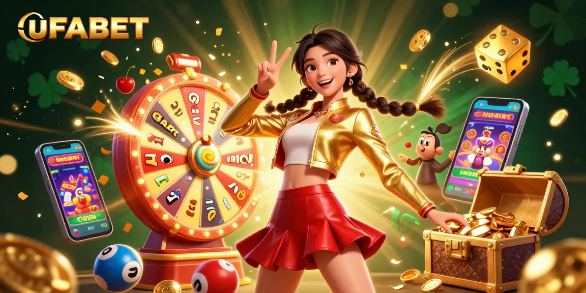 Experience big wins with UFABET in a vibrant casino scene featuring a joyful character and dynamic gaming elements.