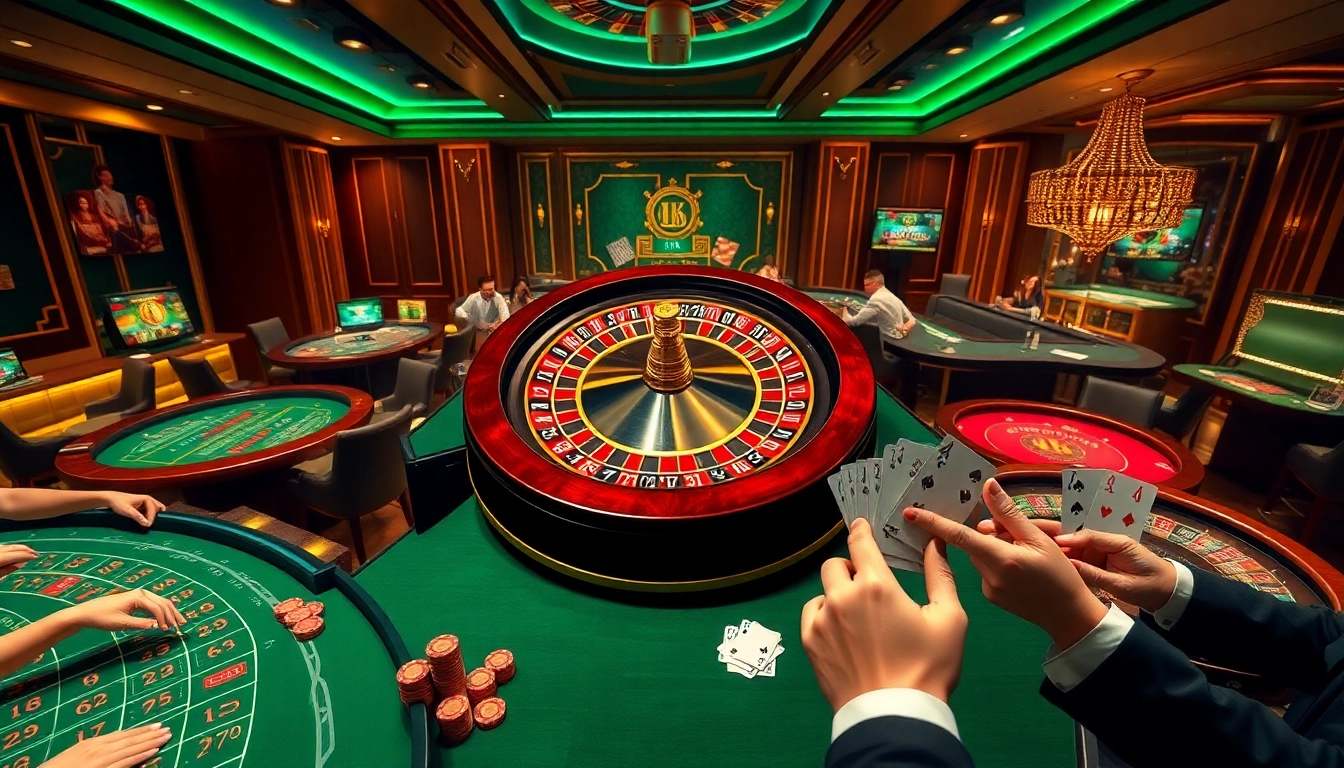 Experience the thrill of gaming at Trang Chủ THABET with vibrant casino tables and engaging players.