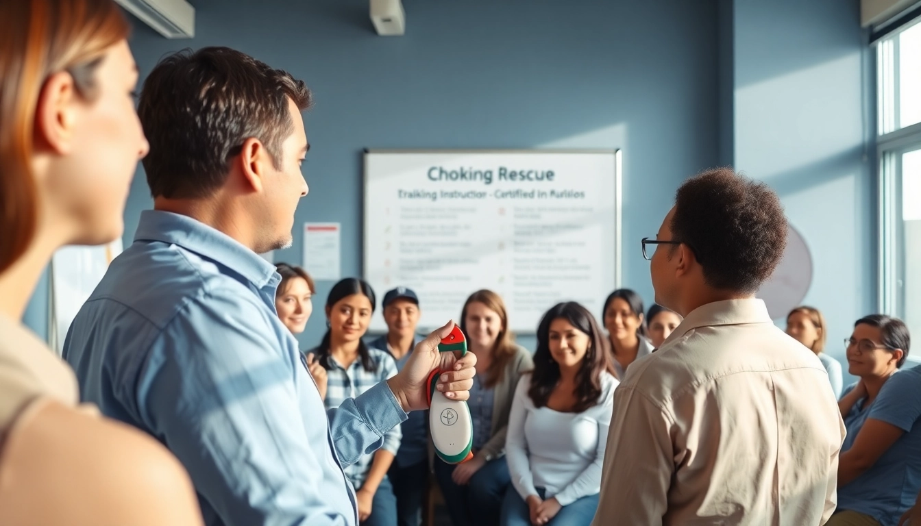 Demonstration of a choking rescue device in a training session with engaged participants.