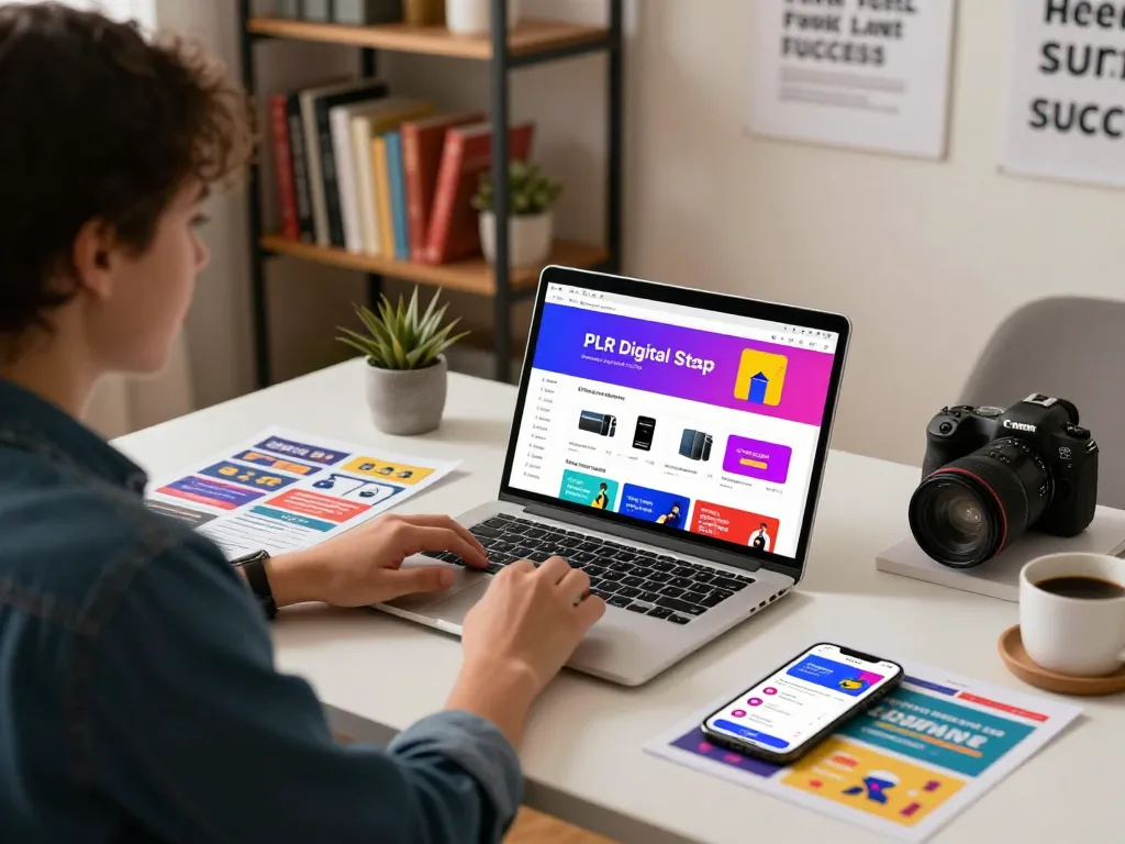 Entrepreneur exploring PLR Digital Products for Sale in a vibrant e-commerce workspace, laptop open and marketing materials visible.