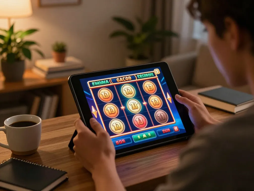 Permainan slot gacor yang menarik di tablet dalam suasana rumah yang nyaman, mendukung permainan yang bertanggung jawab.