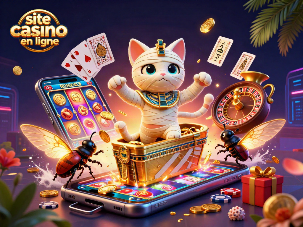Le site casino en ligne présente une scène dynamique avec un chat momifié égyptien et des éléments de jeu.