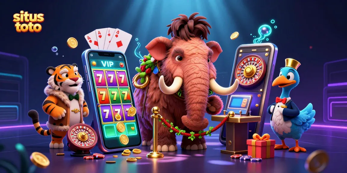 Situs toto showcases vibrant slot game symbols with a whimsical casino scene featuring a mammoth bouncer and VIP guests.