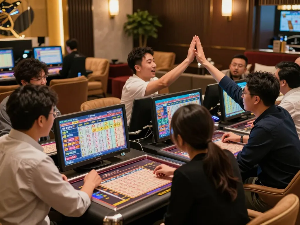 Keceriaan undian langsung Toto Macau dengan pemain menganalisis hasil dan merayakan kemenangan di lounge yang elegan.
