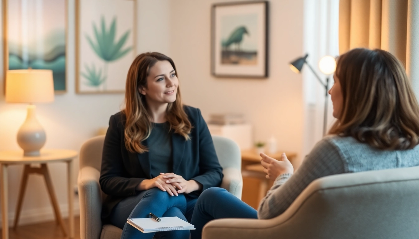 Anxiety symptoms discussed in a calming therapy setting with a professional and client interaction.