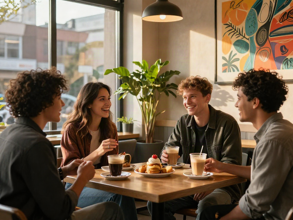 Friends enjoying coffee and pastries at a stylish cafe promoting rokok88 lifestyle.