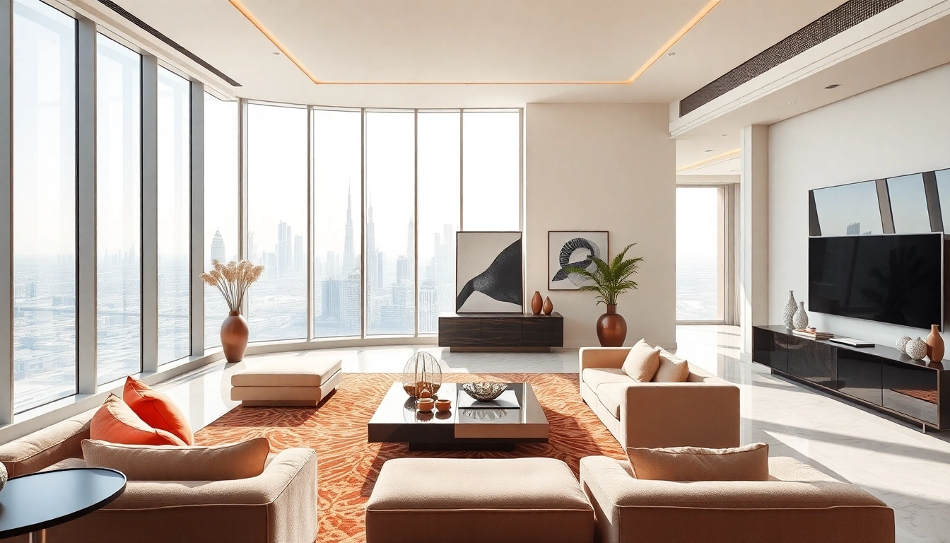 Showcase premium interior design dubai with a luxurious apartment featuring exquisite furnishings and vibrant skyline views.