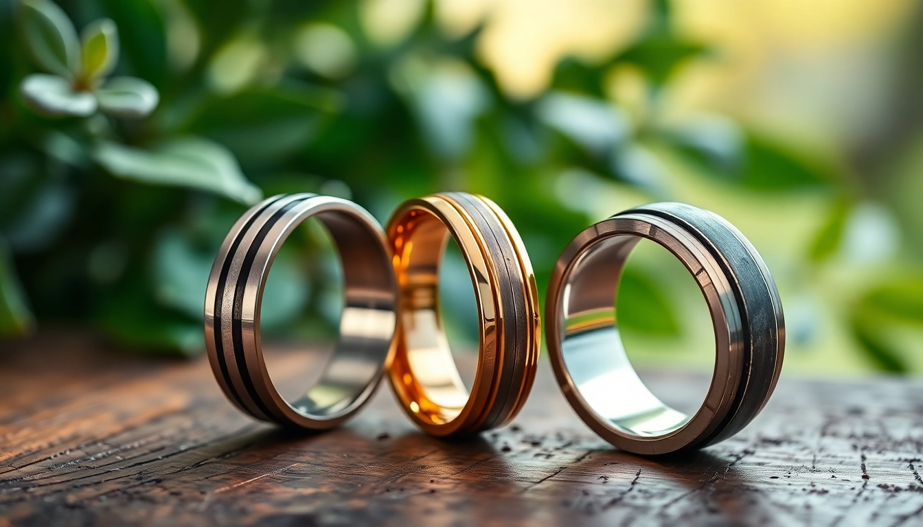 Showcase unique wedding bands for men with various designs and materials on a rustic wooden table.