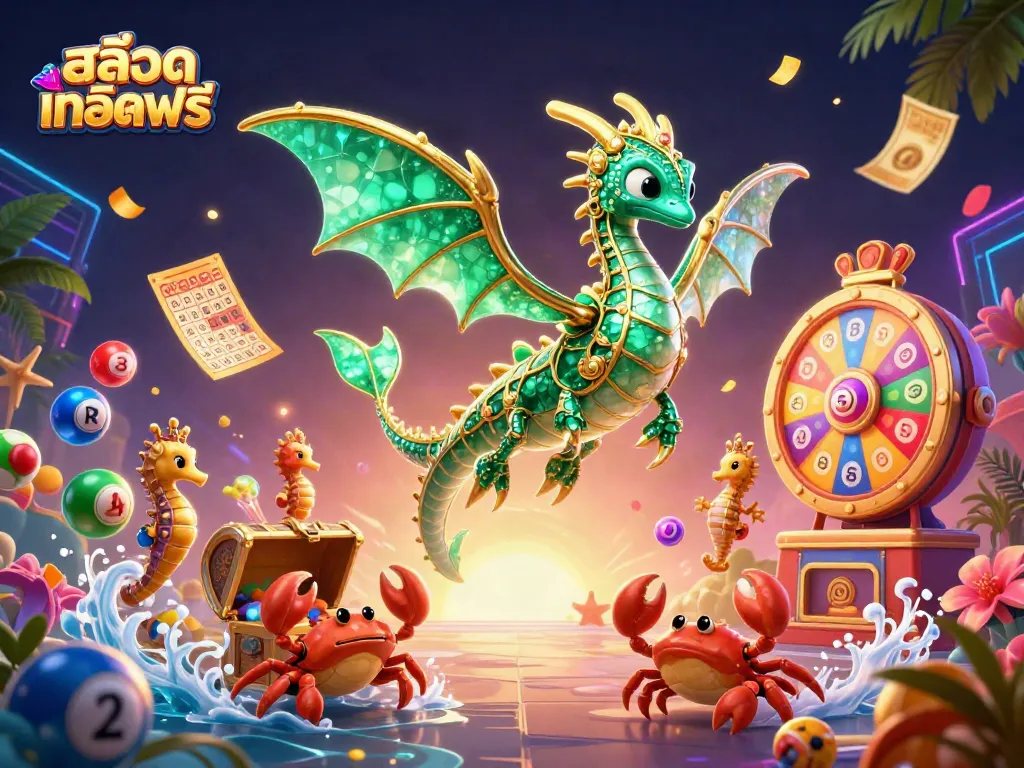 เล่น สล็อตเครดิตฟรี ผ่านการ์ตูน 3D ดราก้อนทะเลสีเขียวและทอง พร้อมเบลล์ลอตเตอรี่และบิงโก