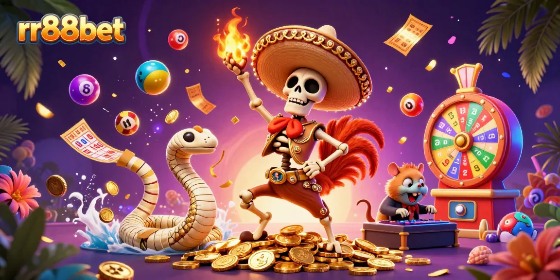 Engage in thrilling gameplay with rr88bet, featuring vibrant characters in a festive casino scene.