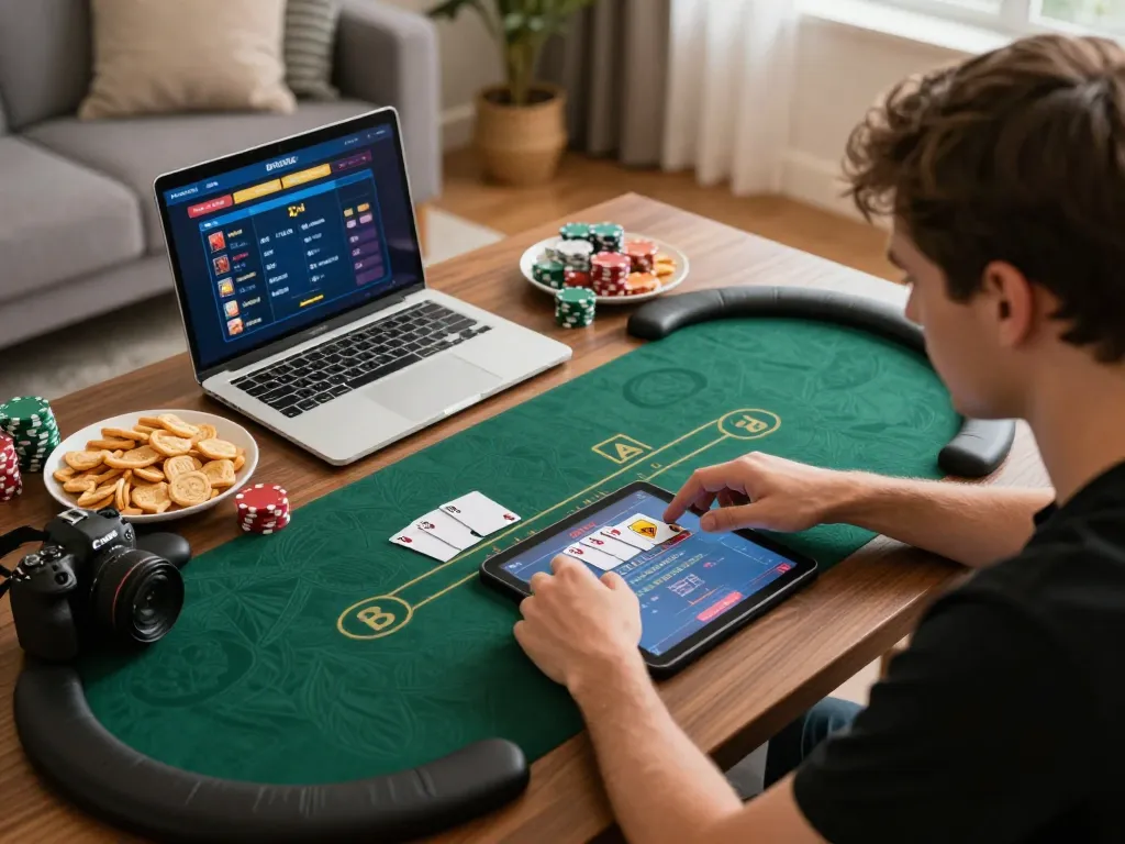 Engaged player using GG88 online casino app on tablet with poker game interface