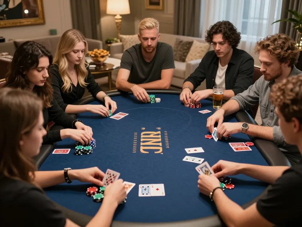 Sahabat yang terlibat dalam permainan IDN poker yang meriah di meja yang dihias indah, menangkap keseruan permainan.