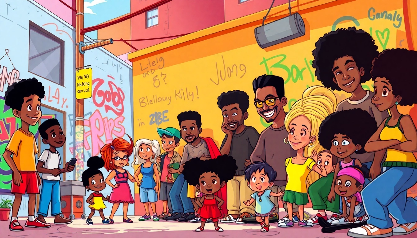 A vibrant scene showcasing beloved African American cartoons characters, reflecting joy and community.