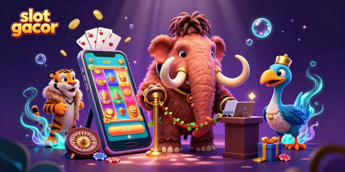 Play thrilling slot gacor games with excitement, featuring a colorful casino scene and vibrant characters.