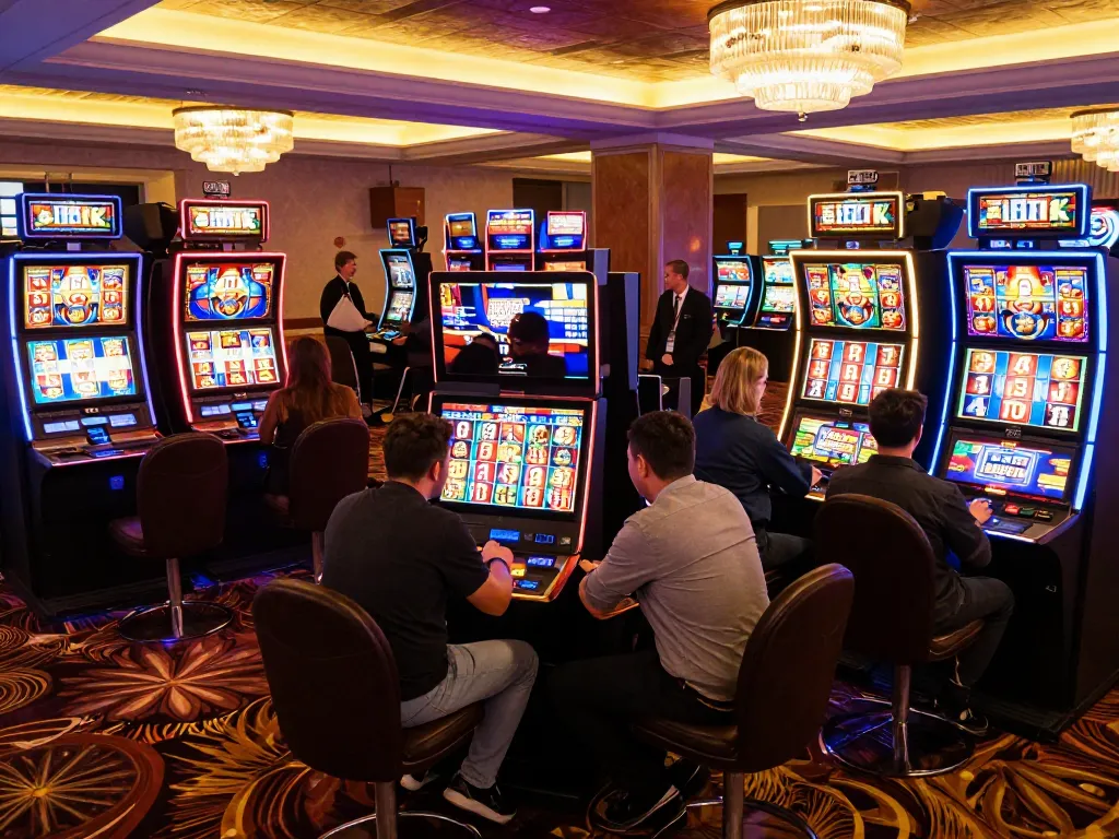 Engaged players spinning slot 10k machines in a vibrant casino atmosphere.